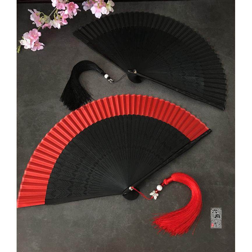 中国风复古风日式和风折扇子雕刻麦穗纯色红色女士舞蹈扇便携小夏