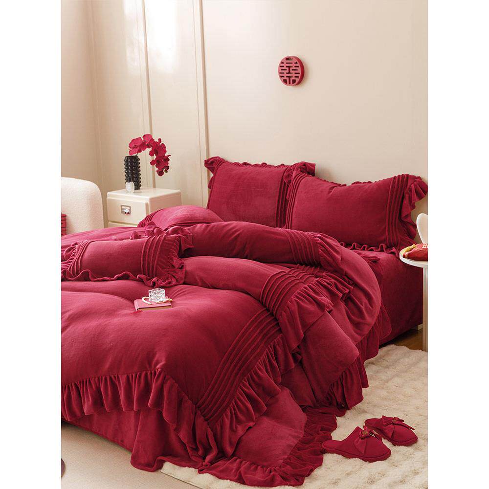 新款冬季婚庆牛奶绒保暖四件套加厚红色法式花边被套床上用品结婚