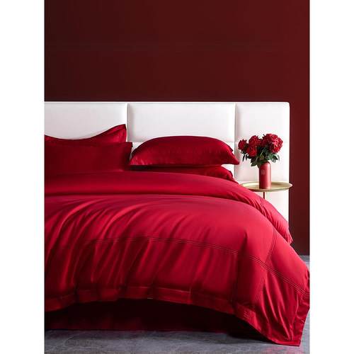 简约婚庆四件套100S长绒棉纯棉全棉纯色被套红色结婚陪嫁床上用品