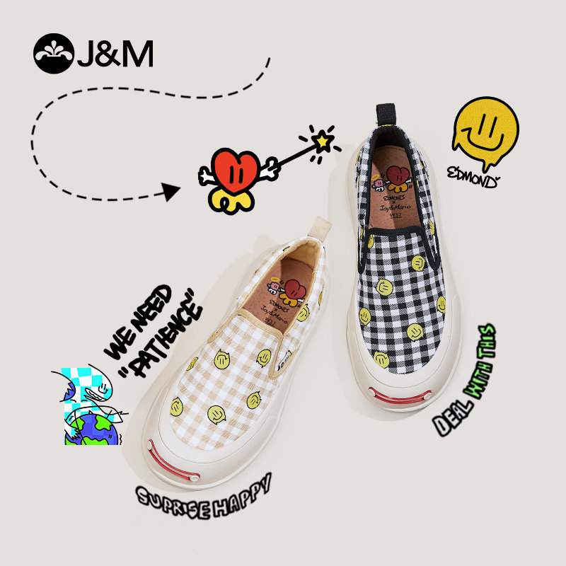 jm快乐玛丽乐福鞋女鞋春季开口笑厚底松糕鞋懒人百搭低帮时尚布鞋