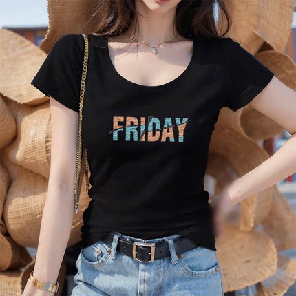 新款短袖T恤女时尚百搭修身显瘦白色上衣内搭印花打底衫夏季潮