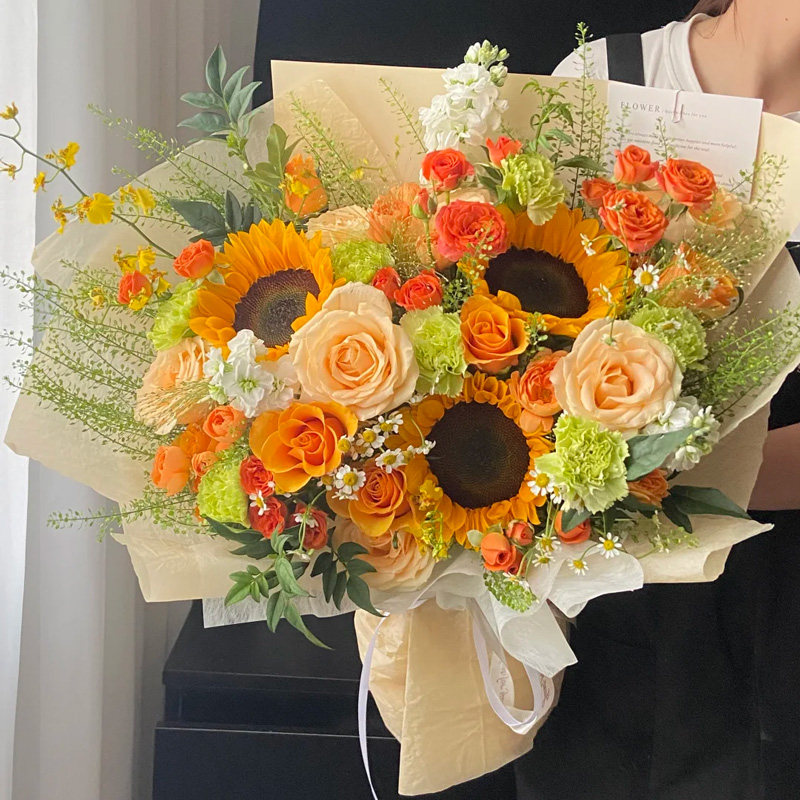 生日鲜花3朵向日葵香槟玫瑰混搭花束送鲜花速递同城配送重庆花店