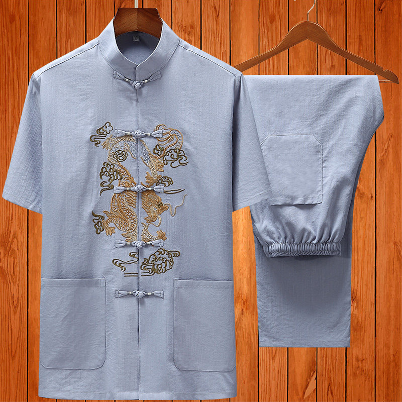 SUMMER CHINESE STYLE LINEN TANG COSTUME MENS SHORT-SLEEVED SUIT LAYMAN SUIT HALF-SLEEVED MIDDLE-AGED AND ELDERLY HANFU COTTON LINEN DAD SUIT