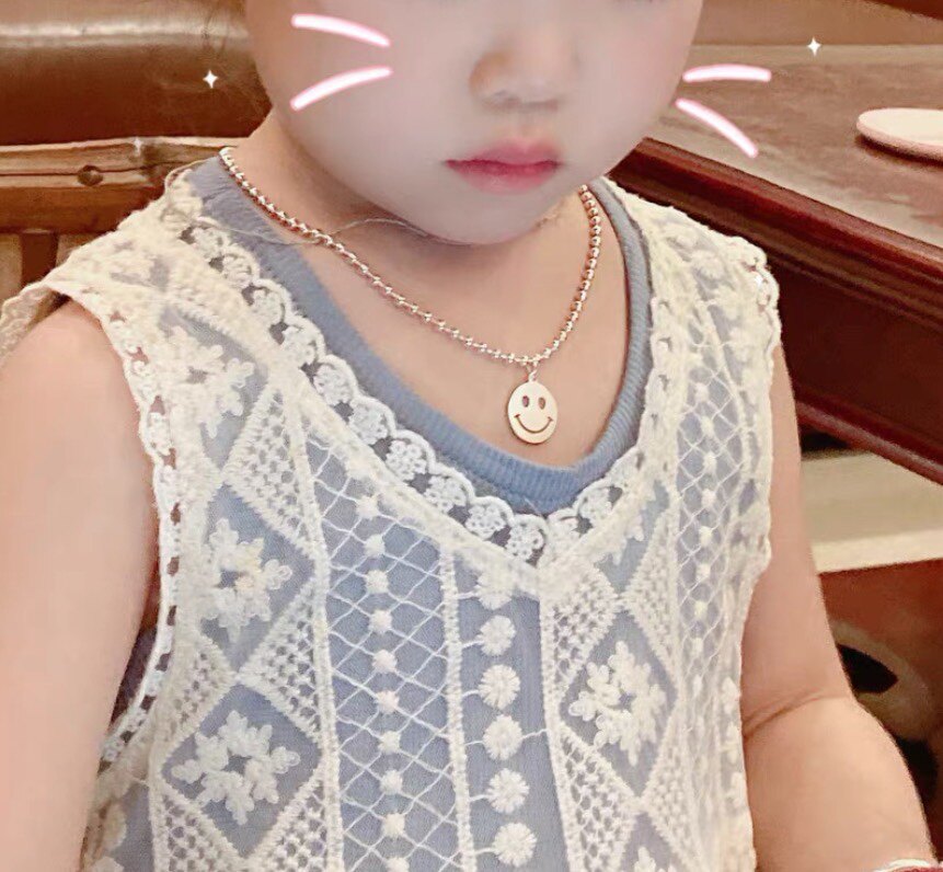 999纯银珠笑脸项链短款宝宝男女锁骨毛衣链生日儿童节礼物潮男酷