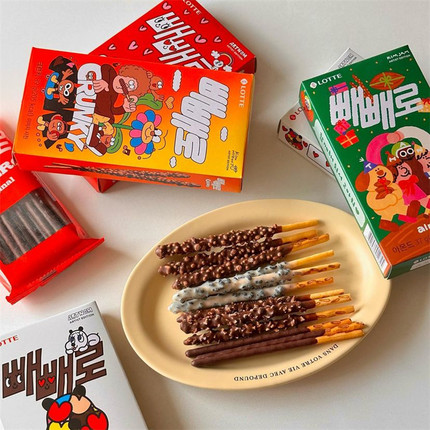 韩国进口零食 乐天lotte脆米曲奇扁桃仁花生芝士巧克力涂层饼干棒