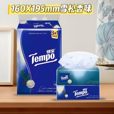 Tempo得宝抽纸4包装雪松香味柔韧加厚纸巾4层90抽大包抽纸优惠装