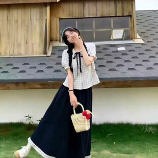 学院格子裙两件套短袖甜美森系日系夏季法式娃娃领学生宽松小清新
