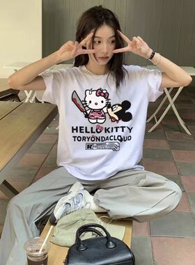 RTVG HelloKitty 凯蒂猫印花美式潮流男女情侣夏季ins宽松短袖T恤