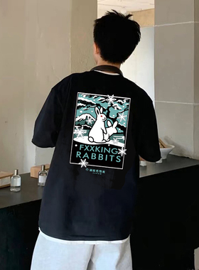 #FR2 日本原宿店铺限定雪花色情兔男女情侣美式复古短袖T恤
