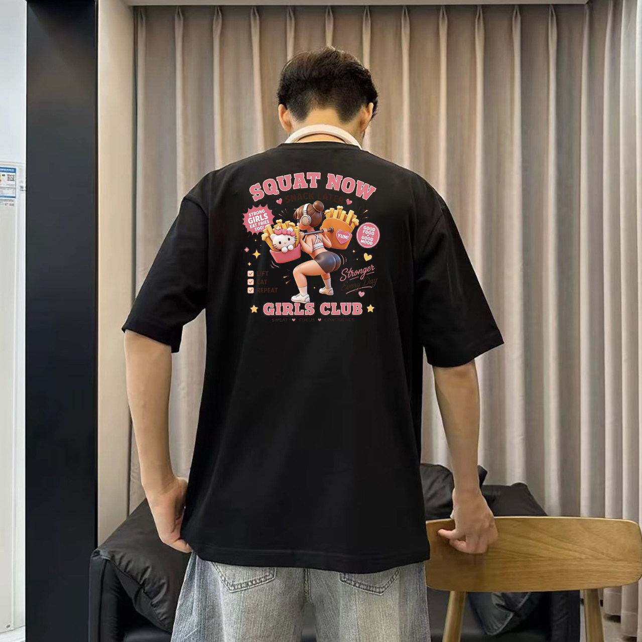 Hello Kitty凯蒂猫薯条杠铃深蹲健身运动男女情侣美式复古短袖T恤