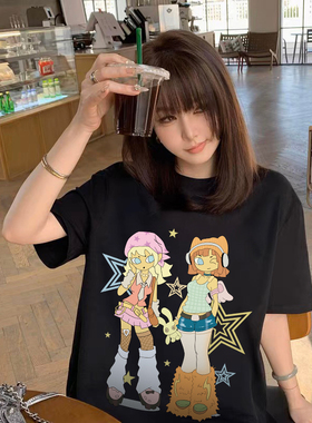 YOUNG STAGE原创复古y2k卡通少女落肩短袖T恤女夏季休闲百搭上衣