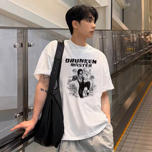 OLDGREEN致敬成龙《醉拳》印花恶搞美式圆领潮流街头黑白短袖T恤