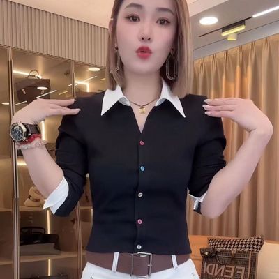 设计感假两件POLO长袖衬衫假两件衬衫秋季新款收腰显瘦百搭上衣