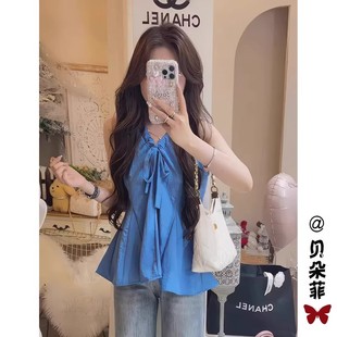 设计感小众上衣ins 法式 V领系带无袖 背心女夏季 甜美减龄褶皱娃娃衫