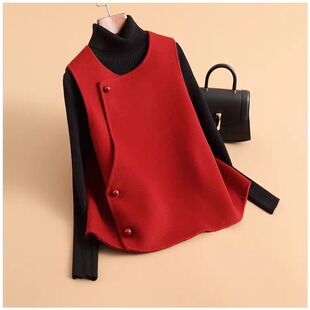 新中式红色马夹秋季新款高端毛呢马甲女短款小个子呢子外套无袖