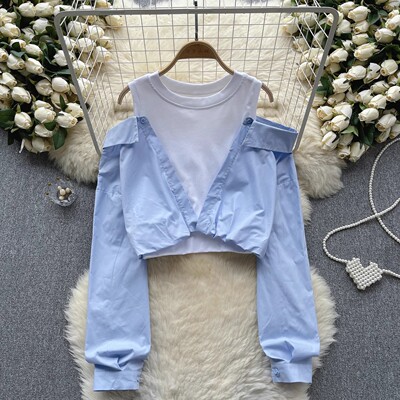 设计感假两件衬衫女装2025新款春款心机镂空露肩长袖撞色短款上衣