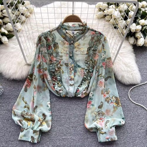 法式碎花雪纺衫上衣女2025新款高级感上衣洋气轻奢灯笼袖花衬衫