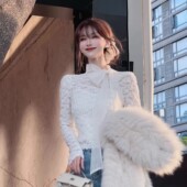 女内搭上衣 蝴蝶结绑带加绒立领蕾丝打底衫 卡卡女装 官方正品