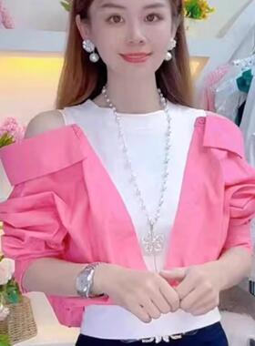 假两件拼接长袖衬衫女设计感小众春秋独特别致超好看露肩绝美上衣