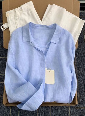 天丝棉麻粉色衬衫外套女夏慵懒风Polo领亚麻防晒衬衣薄款宽松上衣