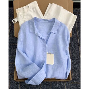 天丝棉麻粉色衬衫外套女夏慵懒风Polo领亚麻防晒衬衣薄款宽松上衣