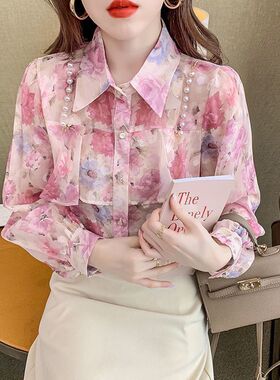 2025秋冬季新款洋气百搭设计感珍珠荷叶边碎花雪纺甜美长袖衬衣