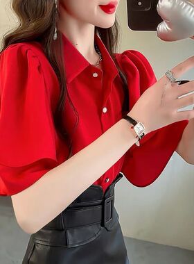 夏季新款漂亮宽松衬衫女气质显瘦翻领衬衣仙气荷叶边短袖雪纺上衣