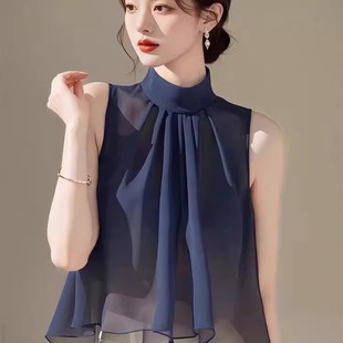 今年流行独特漂亮渐变衬衫女轻熟法式小众无袖仙气飘飘雪纺上衣夏