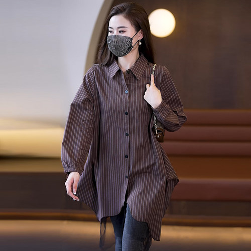 独特设计上衣大码女装高端欧货胖mm春秋季中长款条纹拼接网纱衬衫