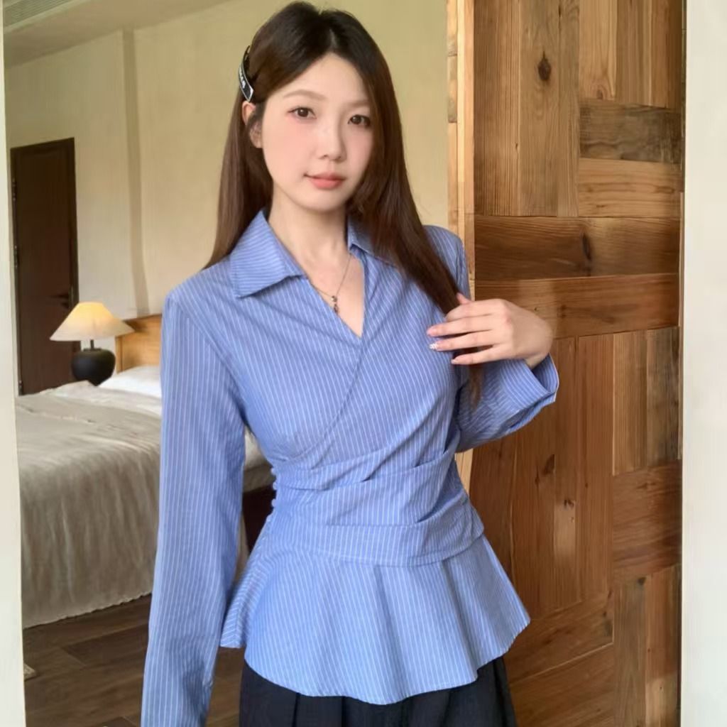 大码微胖法式长袖衬衫女装2025新款秋季胖MM遮肉显瘦衬衣条纹上衣