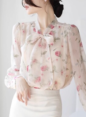 法式薄款蝴蝶结今年流行雪纺衬衫女2025年春夏新款泡泡袖上衣洋气