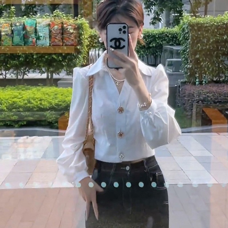 法式小资高级感白色衬衣女款2025新款爆款三粒扣泡泡袖衬衫女上衣