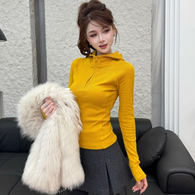 卡卡女装官方正品韩版连帽半拉链内磨毛加厚卫衣修身百搭打底衫女