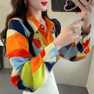 气质翻领上衣 春季 撞色印花衬衫 女高级感轻奢减龄洋气小衫 显瘦长袖