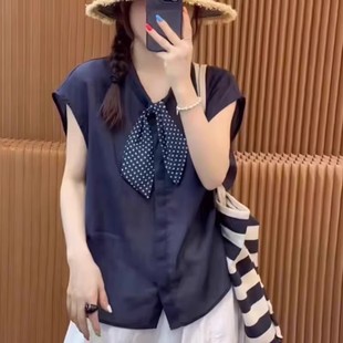 宽松遮肚显瘦别致小衫 大码 女夏季 胖mm韩系简约休闲飘带领短袖 衬衫