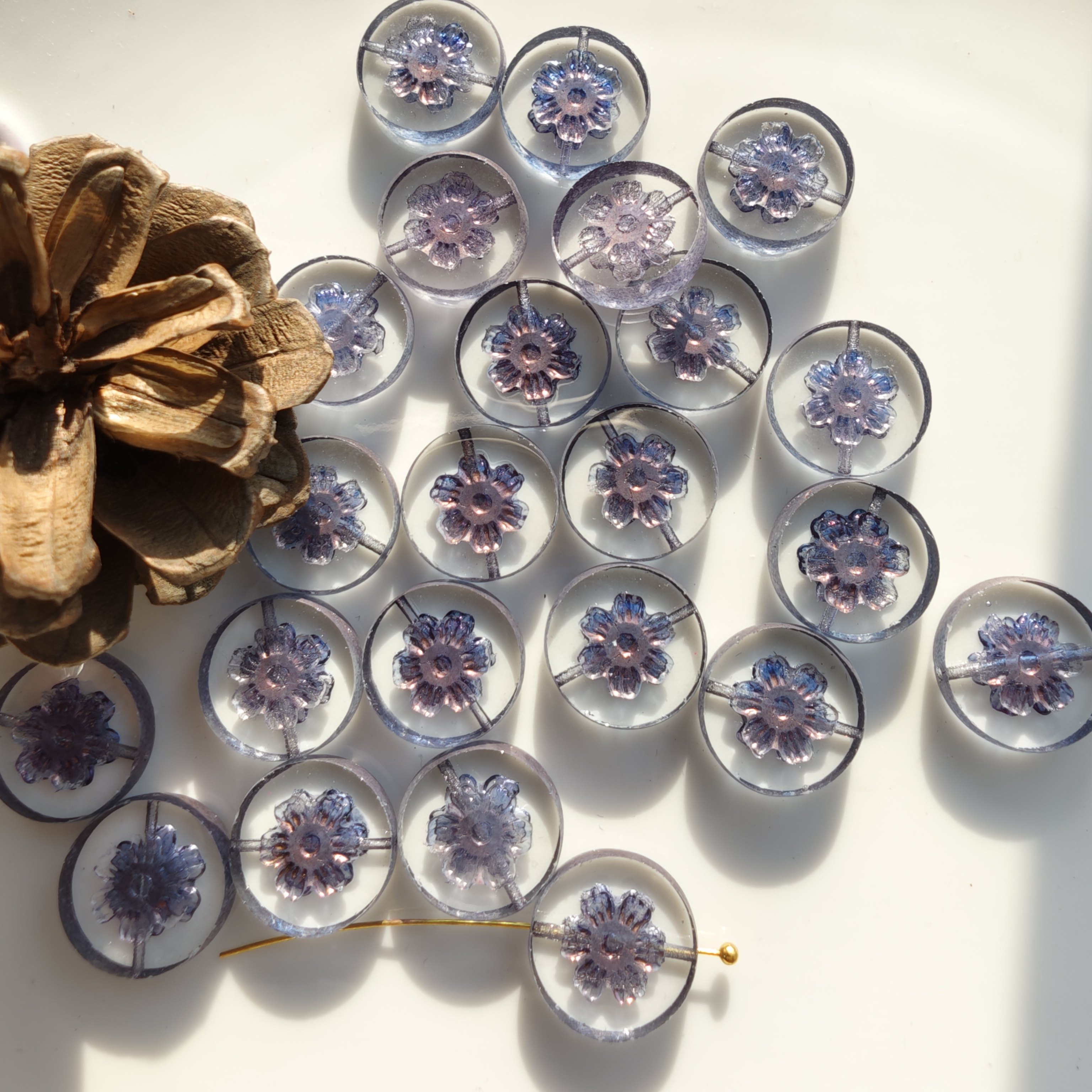 进口捷克琉璃珠切面印章花约16mm手工diy串珠手链配件材料