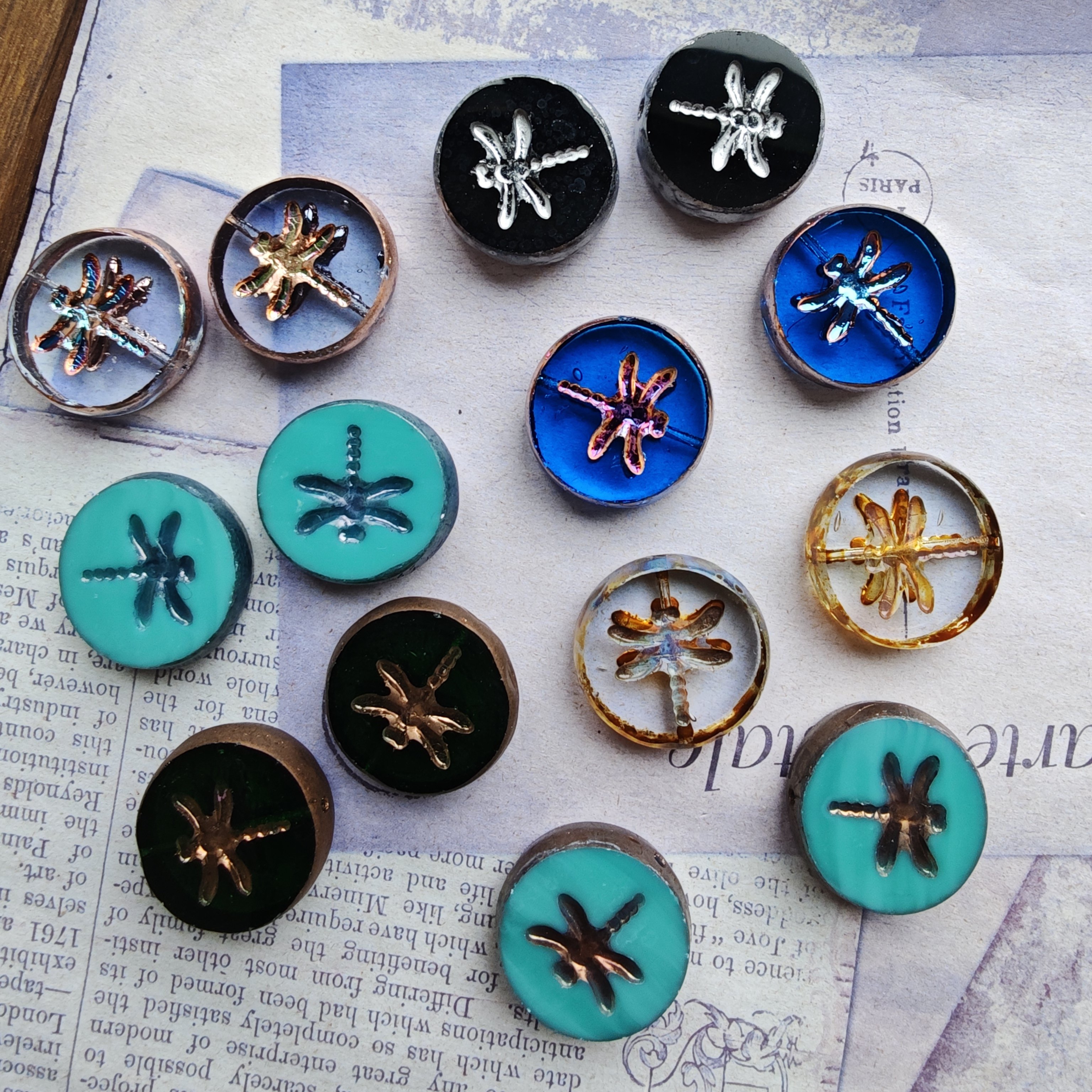 捷克进口17mm复古透色圆形蜻蜓琉璃珠手工串珠饰品DIY材料配件