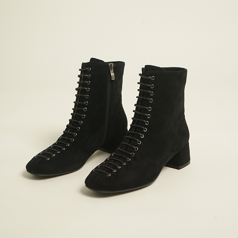 【狂欢价】高丝光羊猄复古优雅前系带瘦瘦靴短靴女