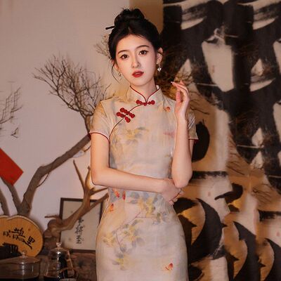 锦鲤折桂高考送考国风新中式中长款旗袍改良年轻款女小个子春夏季