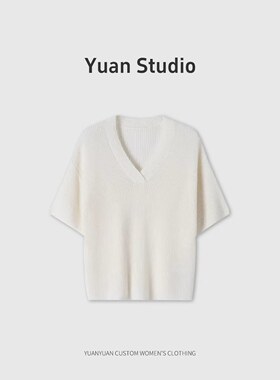 【YUAN】棉麻纯色V领针织衫休闲时尚显瘦女款短袖24909