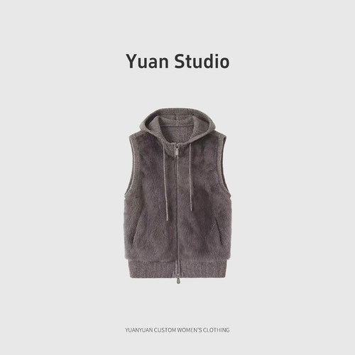 【YUAN】(衣长56)水貂拼接马甲短款连帽马夹外套JR-LEM26Z0278
