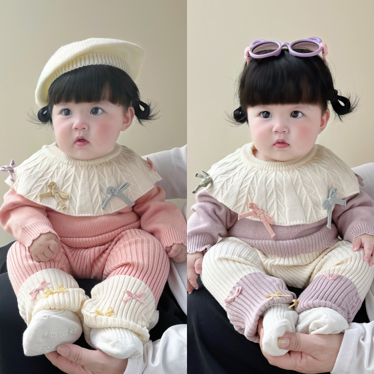 婴儿衣服春秋女宝宝大翻领蝴蝶结毛衣针织衫卷边坑条长裤公主套装