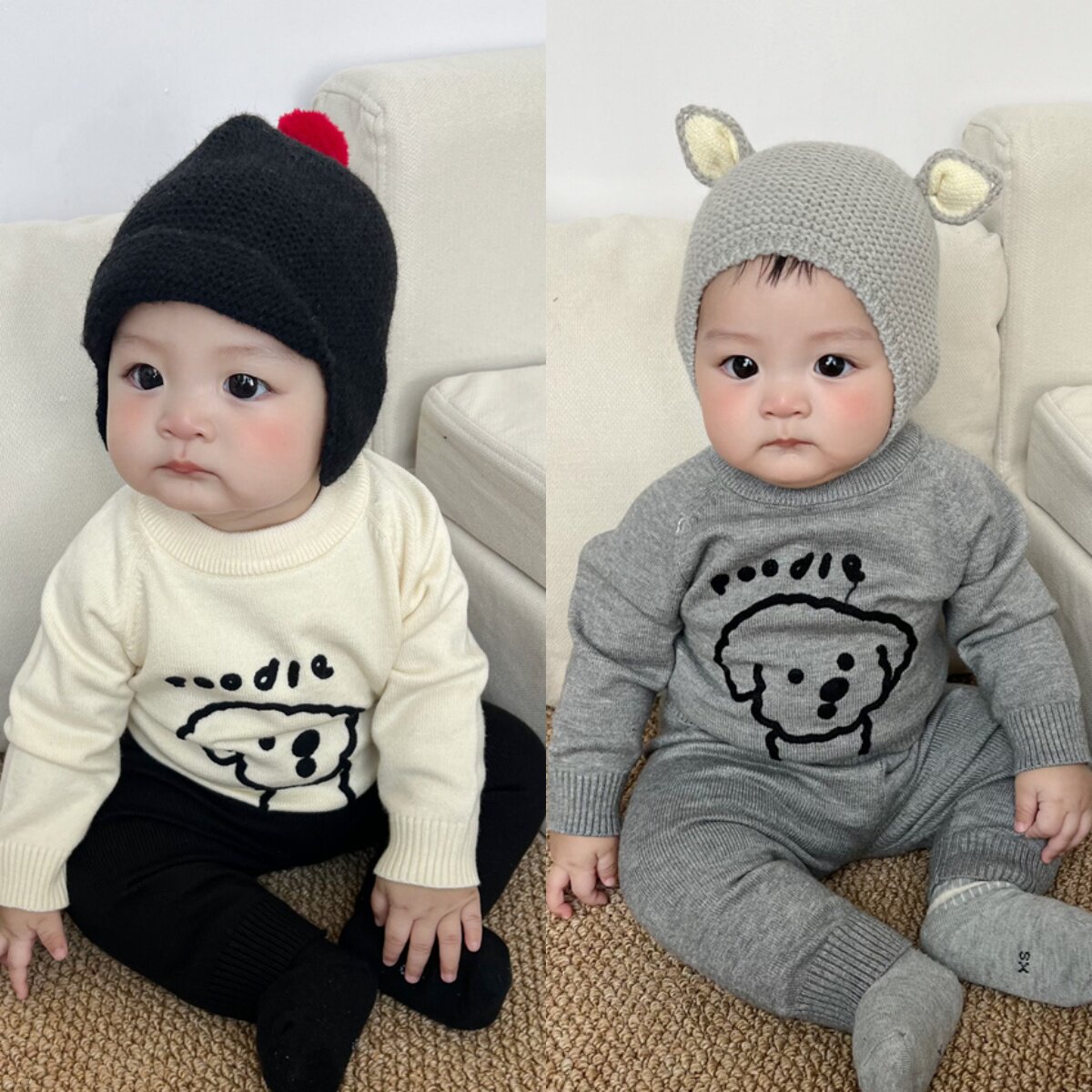 新生婴儿衣服春秋装男宝宝可爱小狗毛衣针织衫长裤分体套装保暖