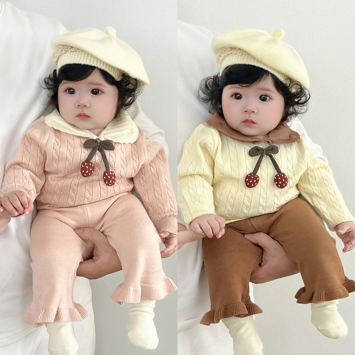 婴儿衣服春秋女宝宝娃娃领樱桃毛衣针织衫针织木耳边长裤公主套装,童装/婴儿装/亲子装,套装,淘宝优惠券,粉丝福利购,淘宝优惠卷