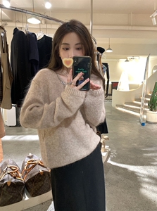 韩系套头马海毛V领毛衣女秋季慵懒风宽松混纺打底羊毛针织衫上衣