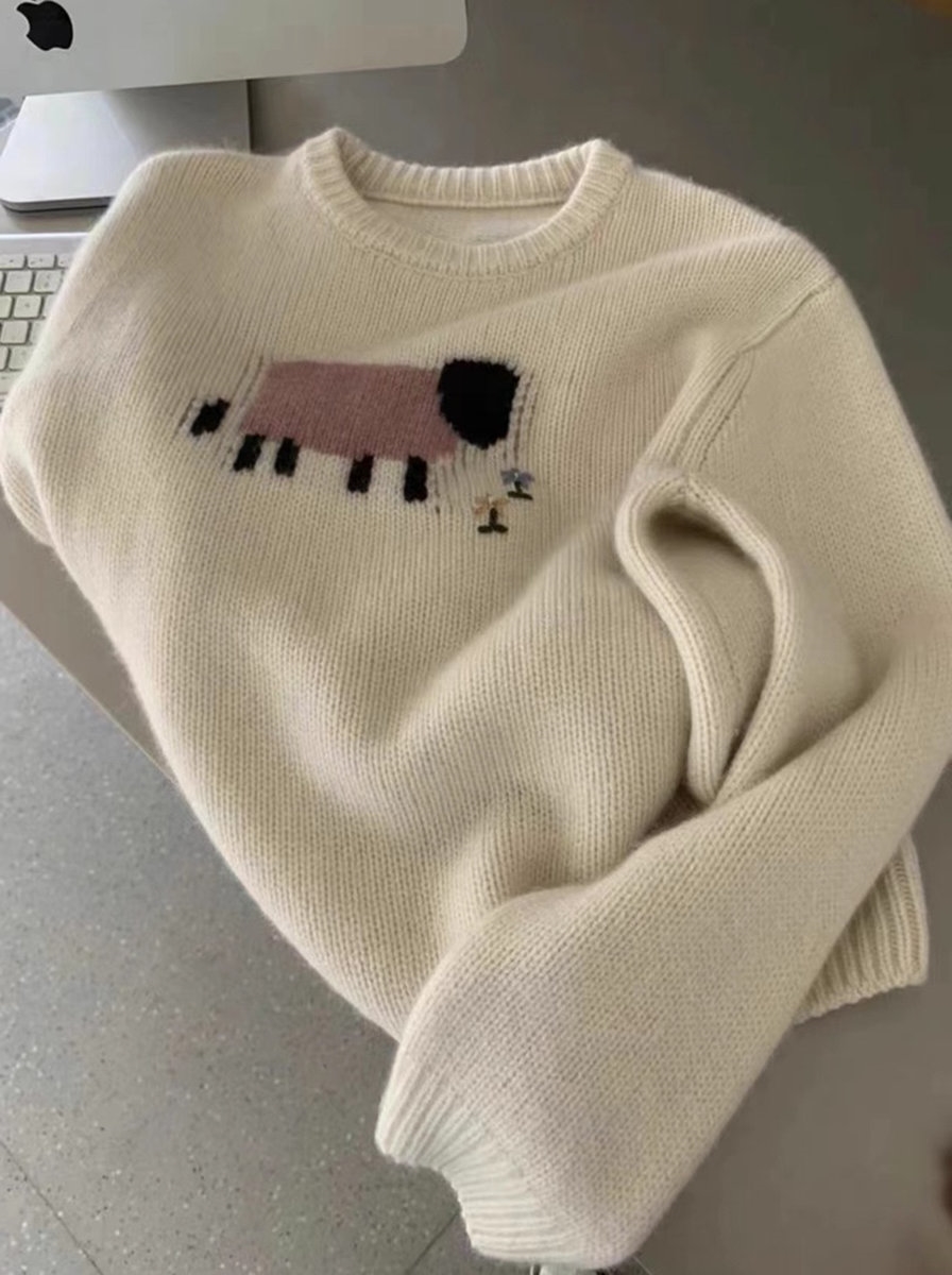 韩系设计感卡通图案浣熊绒软糯圆领毛衣女秋冬宽松打底针织羊毛衫