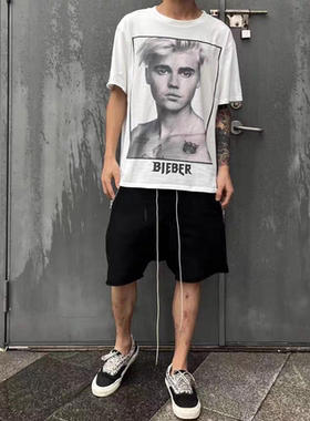 比伯相框人像短袖圆筒纯棉布印花高街vintageT-Shirt