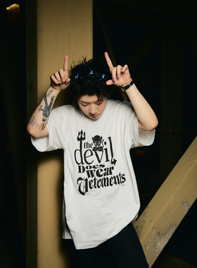 欧美潮牌说唱capper音乐节小恶魔标语印花纯棉宽松短袖t恤男