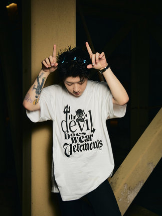 欧美潮牌说唱capper音乐节小恶魔标语印花纯棉宽松短袖t恤男