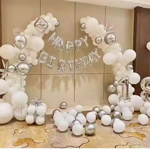 白银色系气球链拱门立柱宝宝成人生日派对气球布置门店铺活动装饰